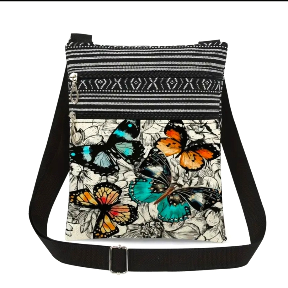 Vibrant Multicolor Butterfly Print Crossbody Bag. New!